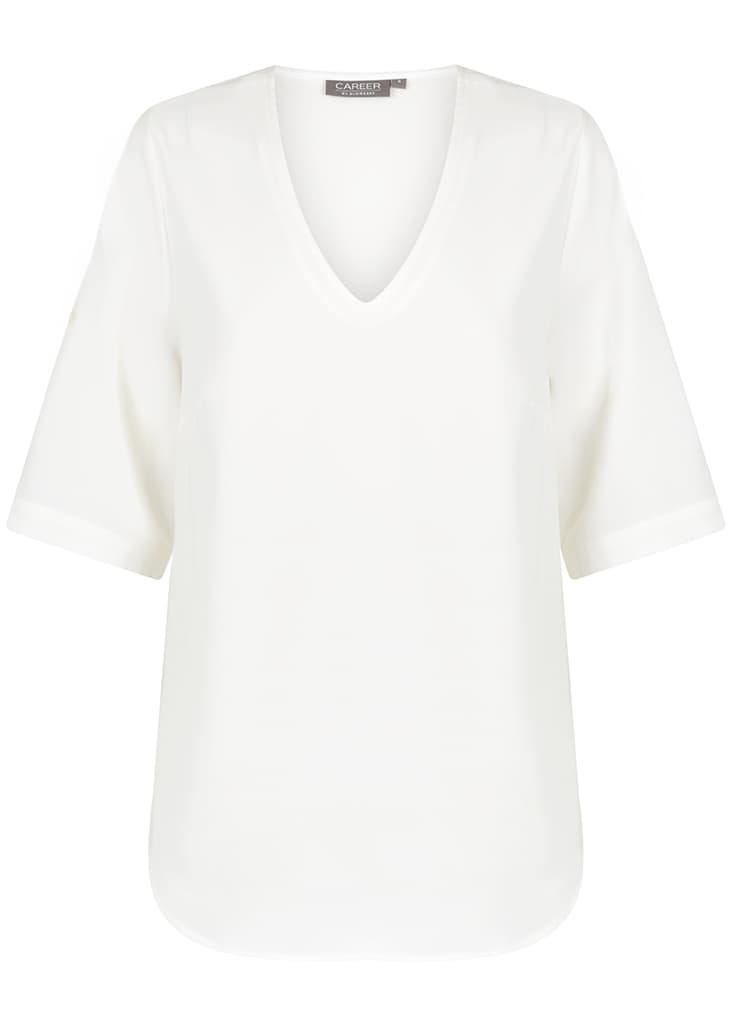 A white V-neck shirt with short sleeves, featuring a smooth fabric and a subtle logo.