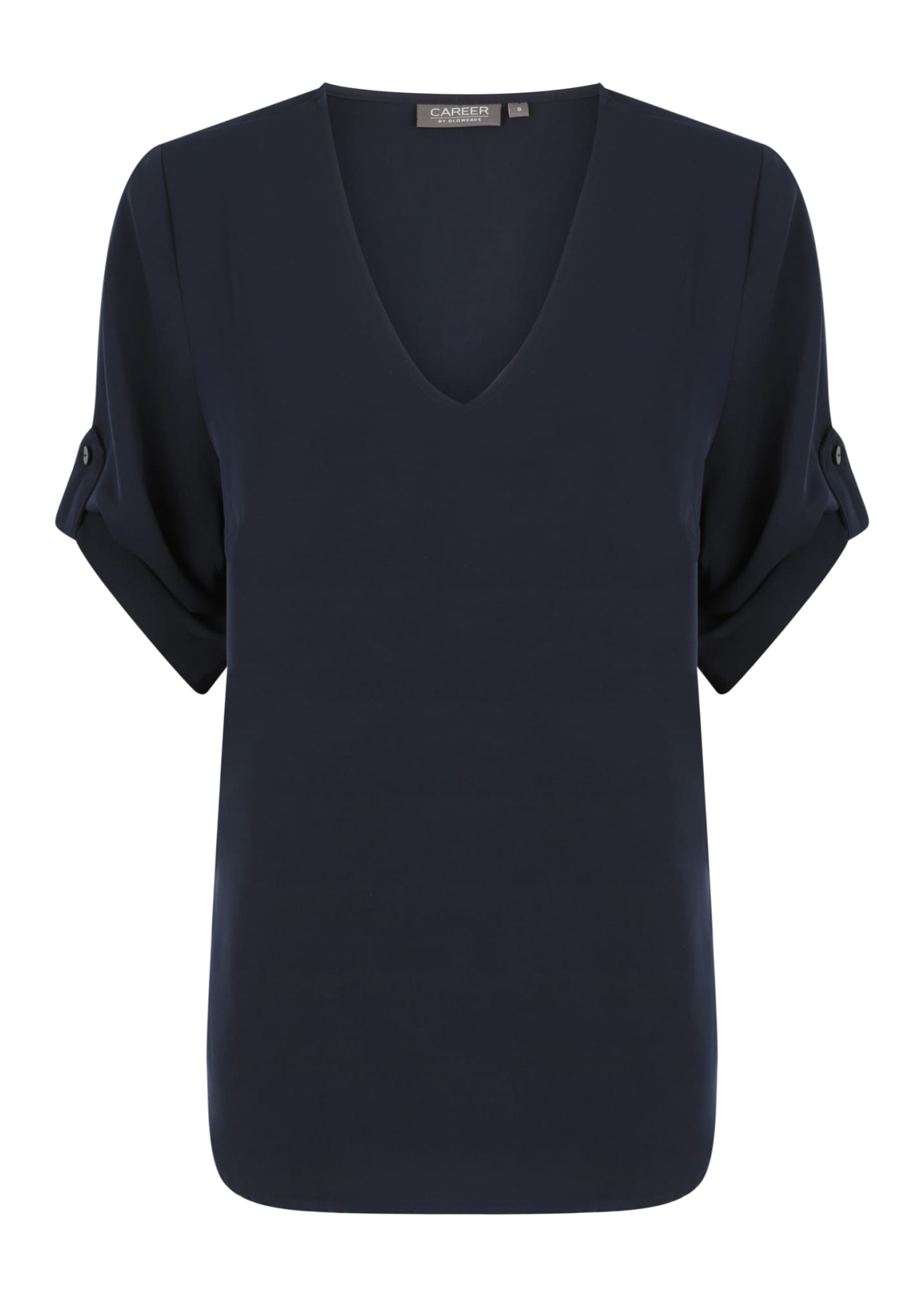 A navy blue V-neck shirt with rolled sleeves and a standard fit. It features a logo on the label.