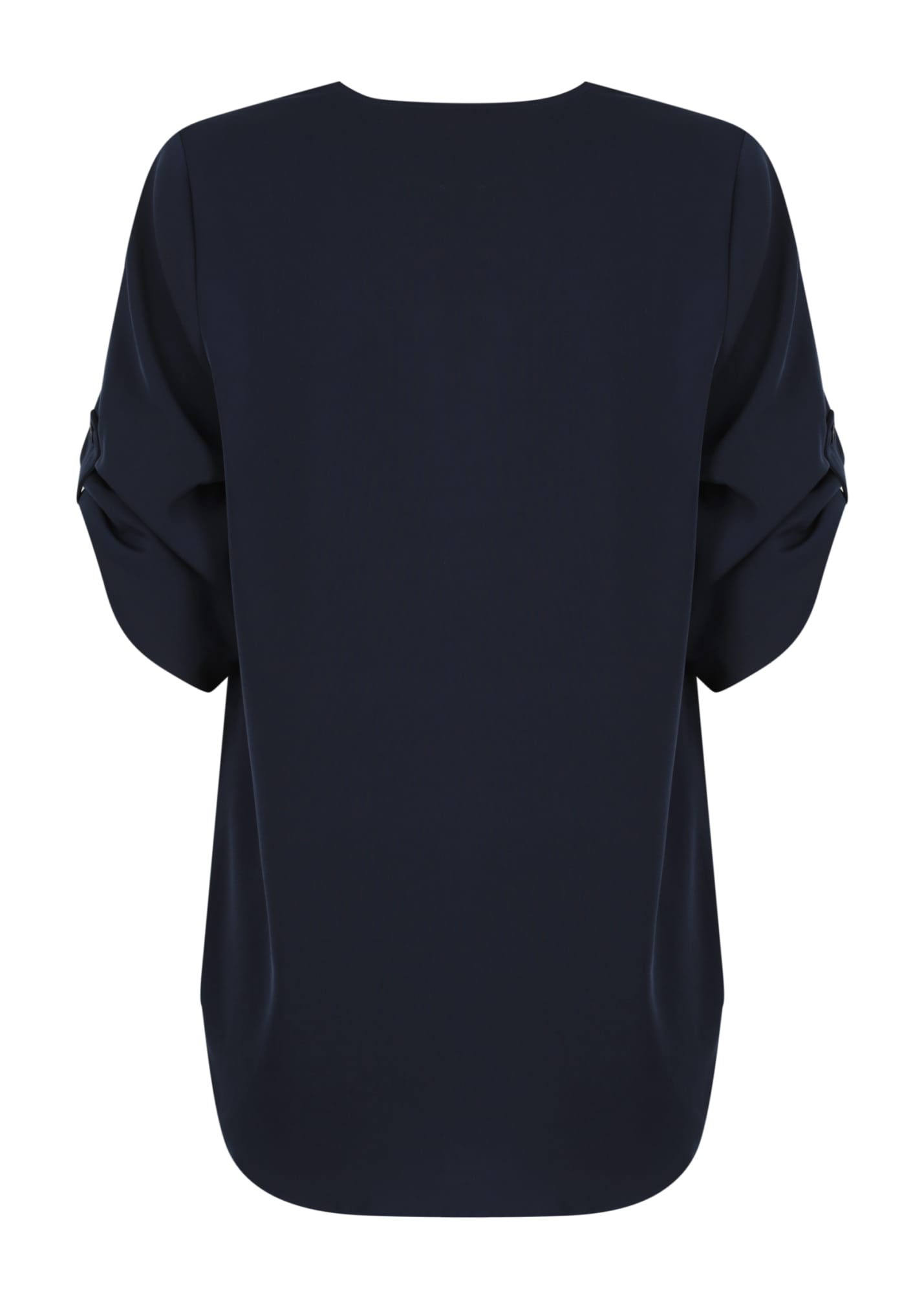 A navy blue Reese V Neck shirt with a loose fit and rolled sleeves, featuring a logo on the back.