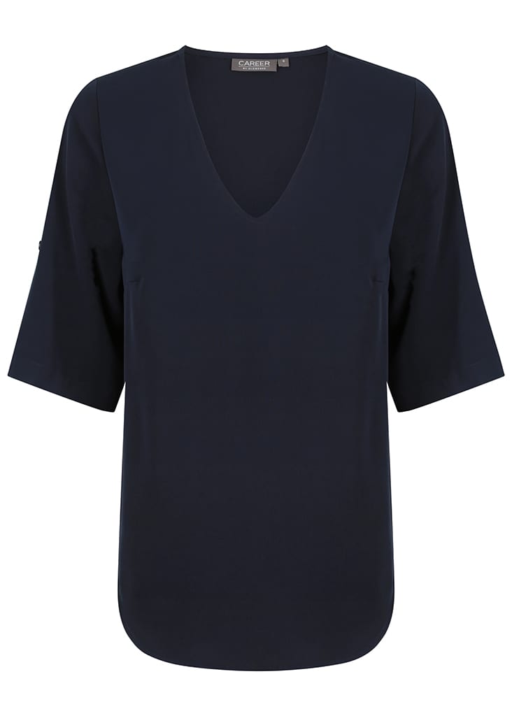 A navy blue V-neck shirt with short sleeves and a logo on the neckline.