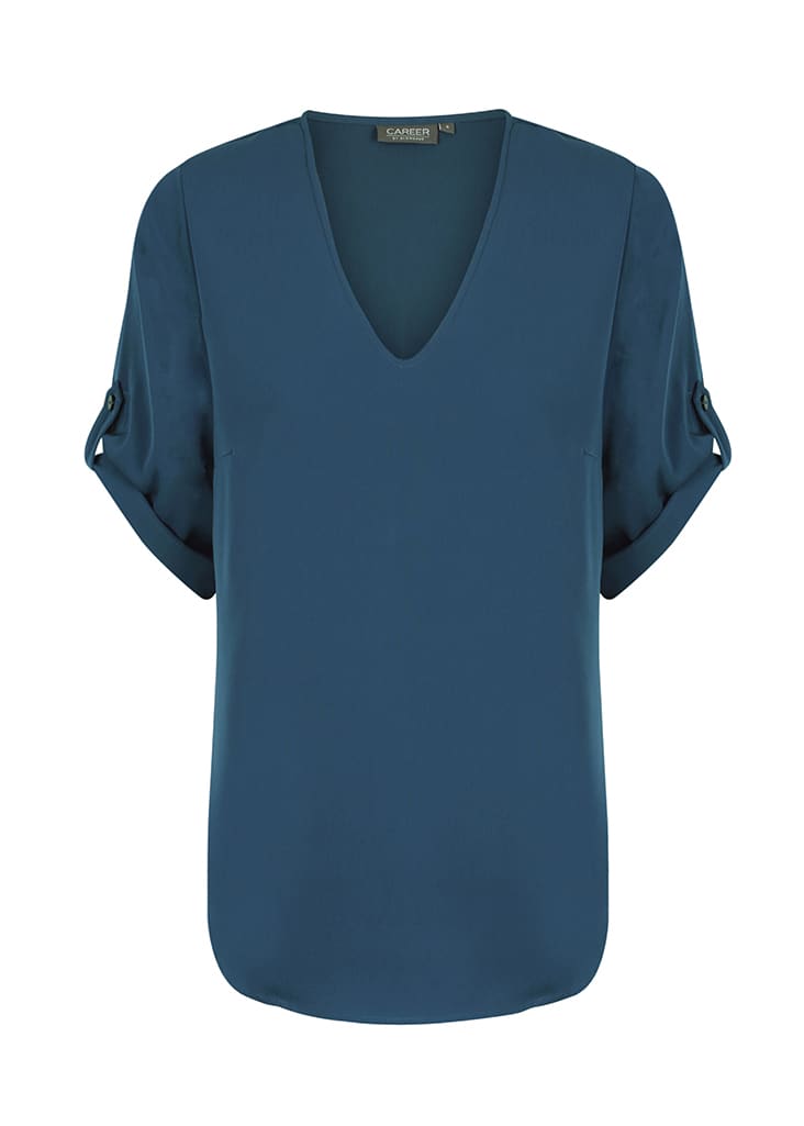 A teal V-neck shirt with rolled-up sleeves and a smooth, structured design. It has a brand logo on the label.