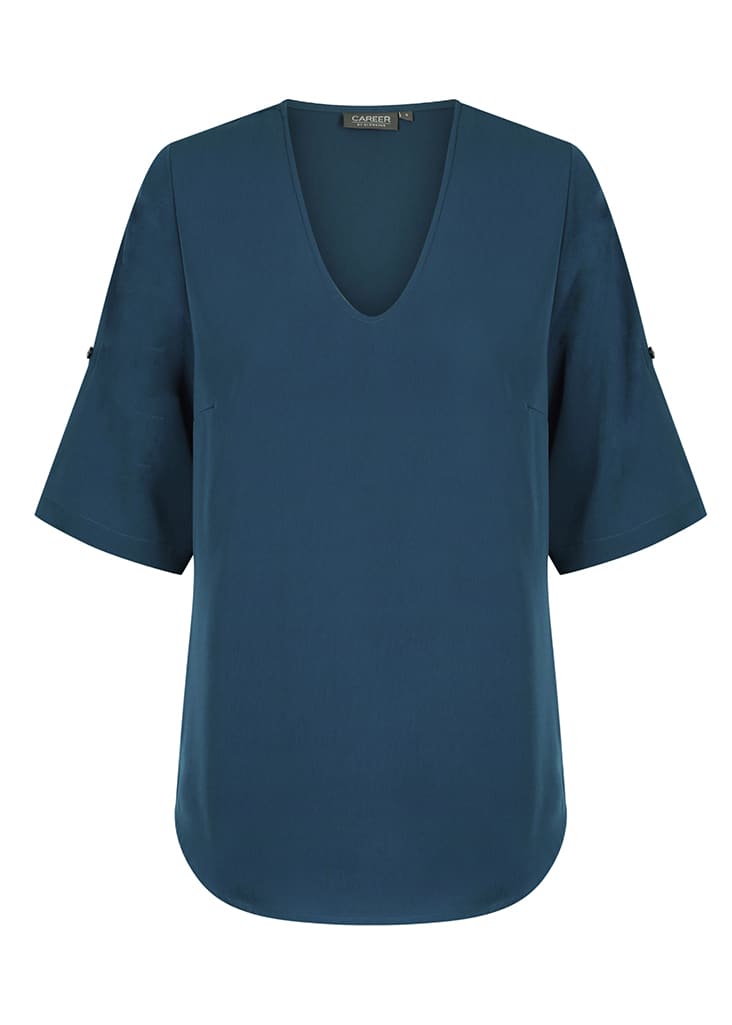 A teal V-neck shirt with short sleeves and a curved hem, featuring subtle detailing at the sleeves.