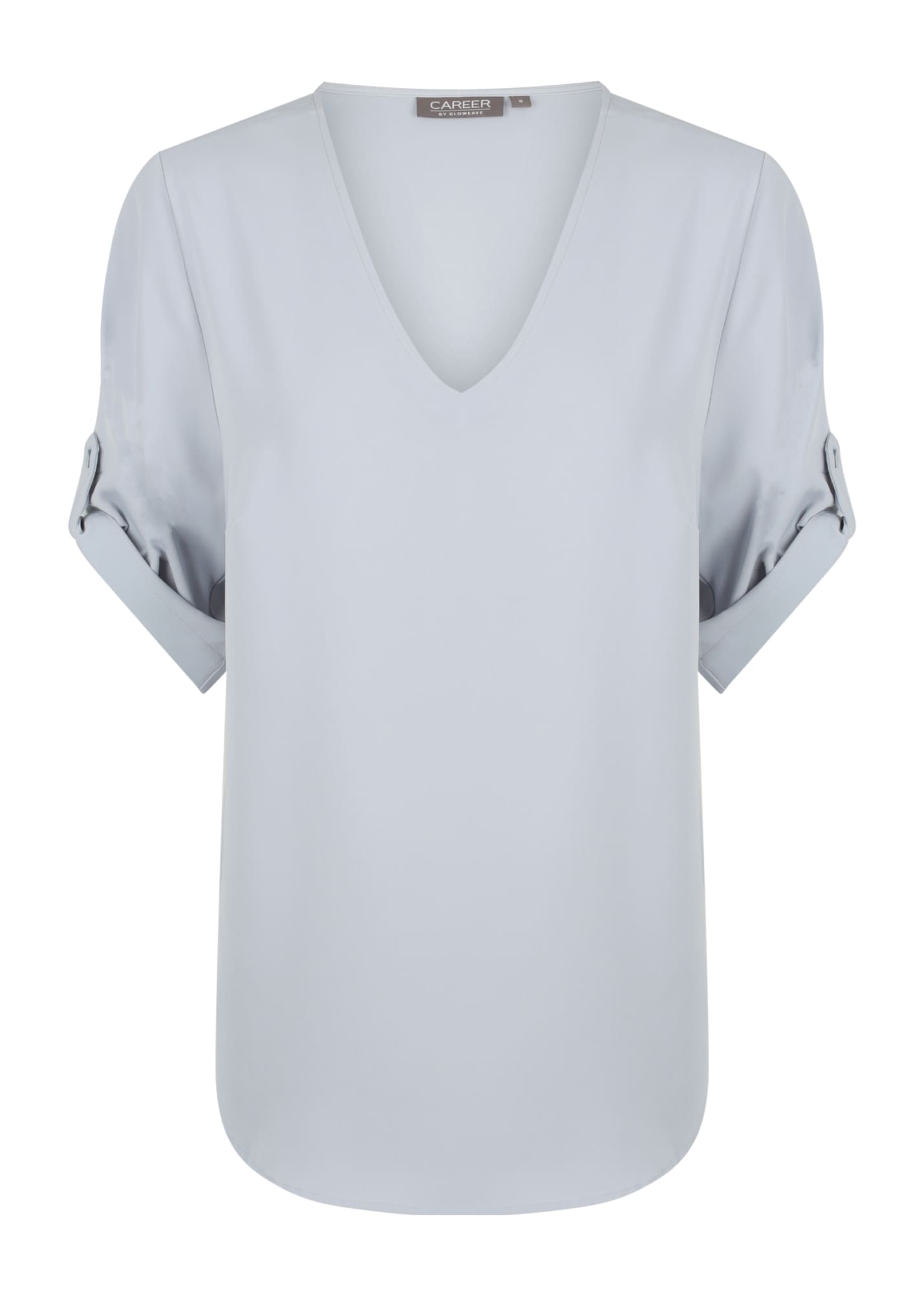 A light blue V-neck shirt with rolled sleeves and a smooth finish. It features a branding label at the neckline.