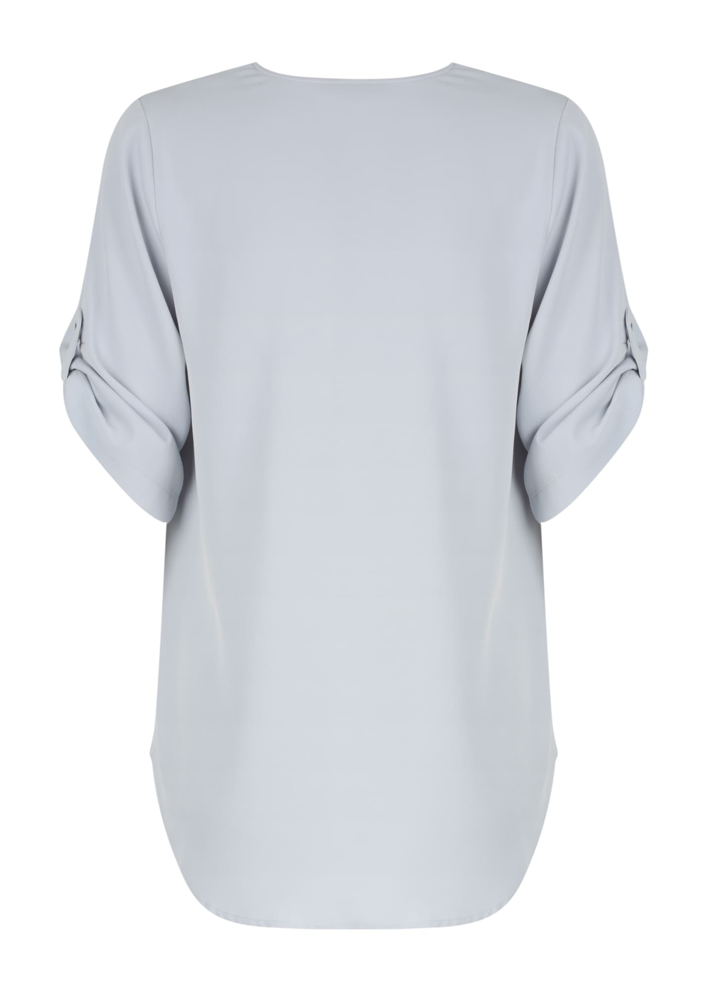 A grey Reese V Neck shirt with rolled sleeves, featuring a smooth back design and a subtle sheen.