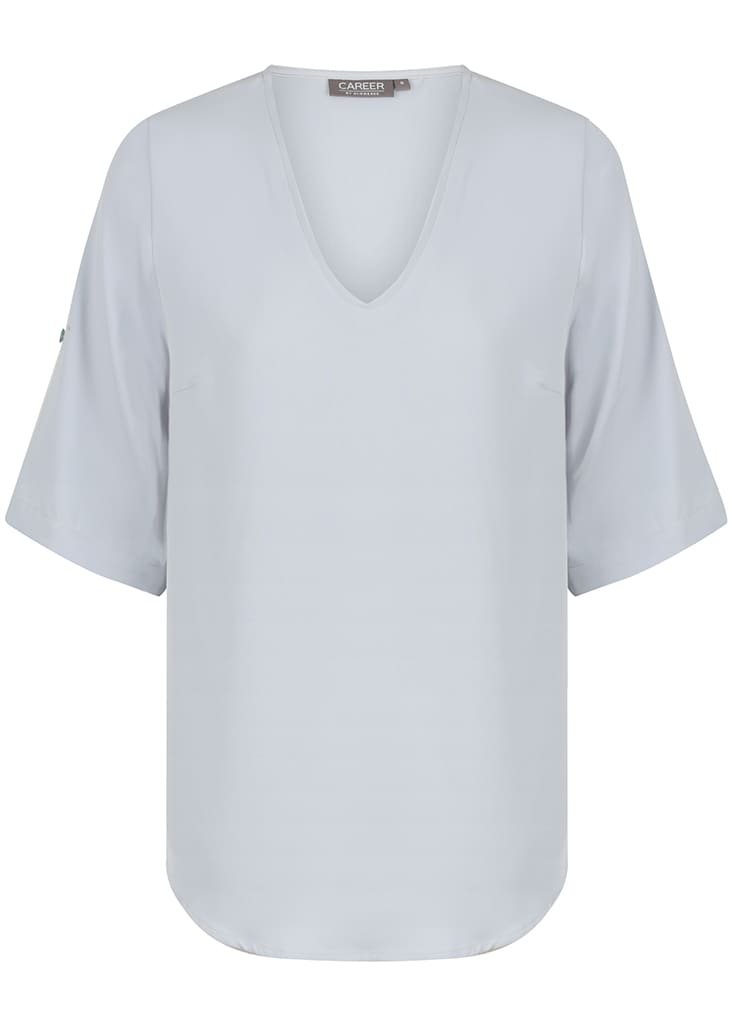 A light grey V-neck shirt with short sleeves and a brand logo on the side.