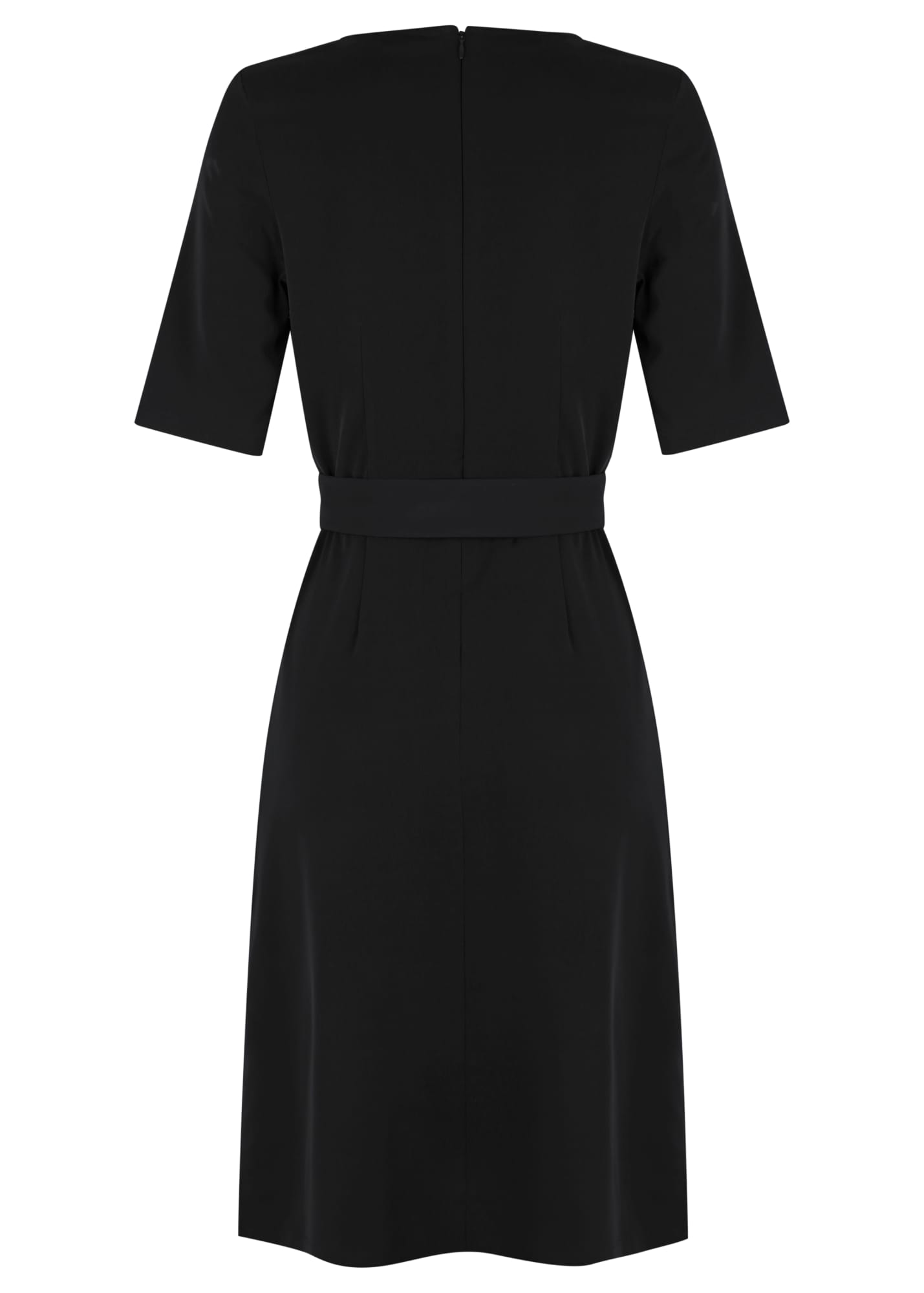 A black dress featuring short sleeves and a belted waist, showcased from the back. It has a simple, elegant design.