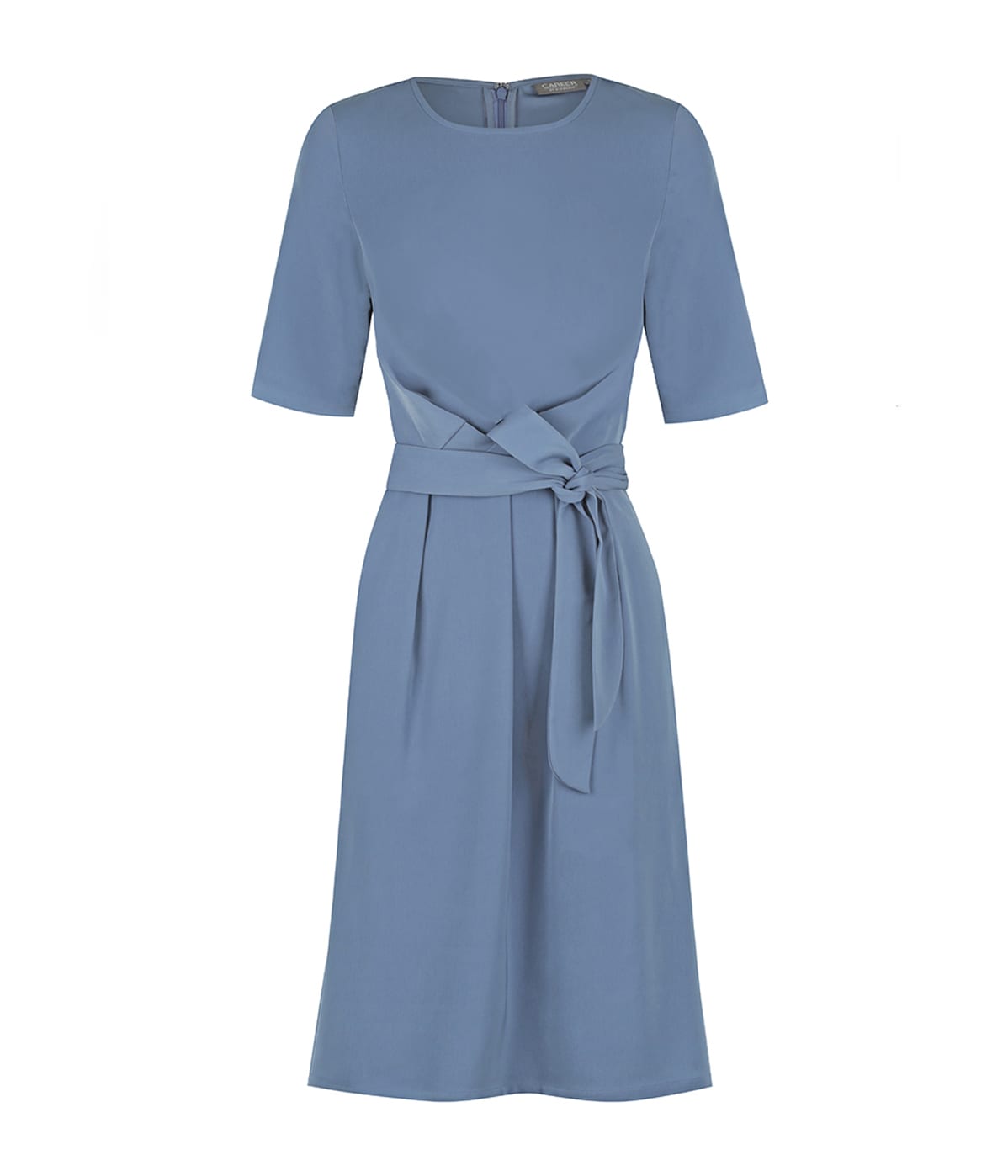 A blue Mason Dress featuring short sleeves, a belt tie, and a knee-length design. It has a simple and elegant silhouette.