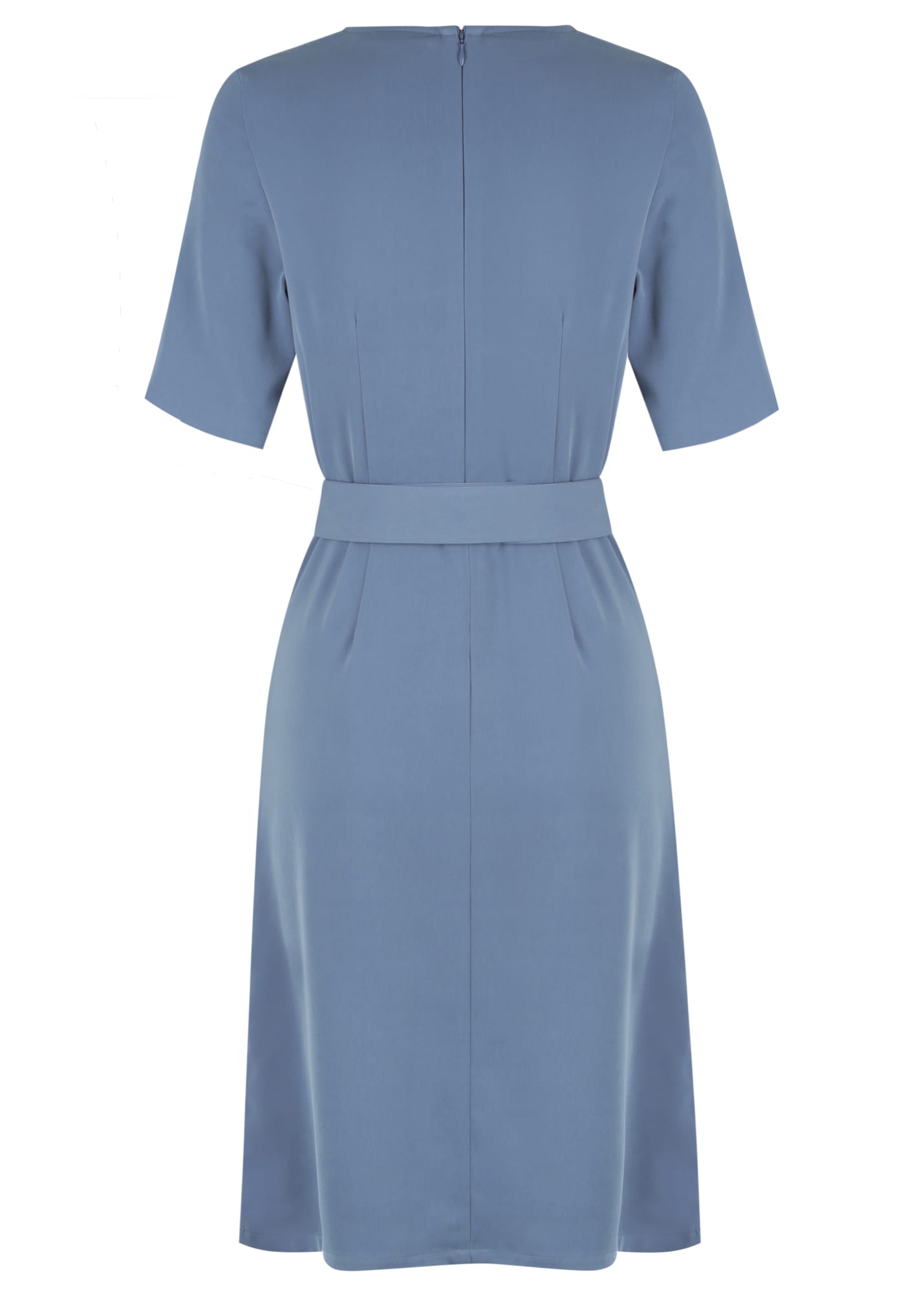 A blue dress with short sleeves, a belted waist, and a back zipper. The dress has a simple, elegant design.