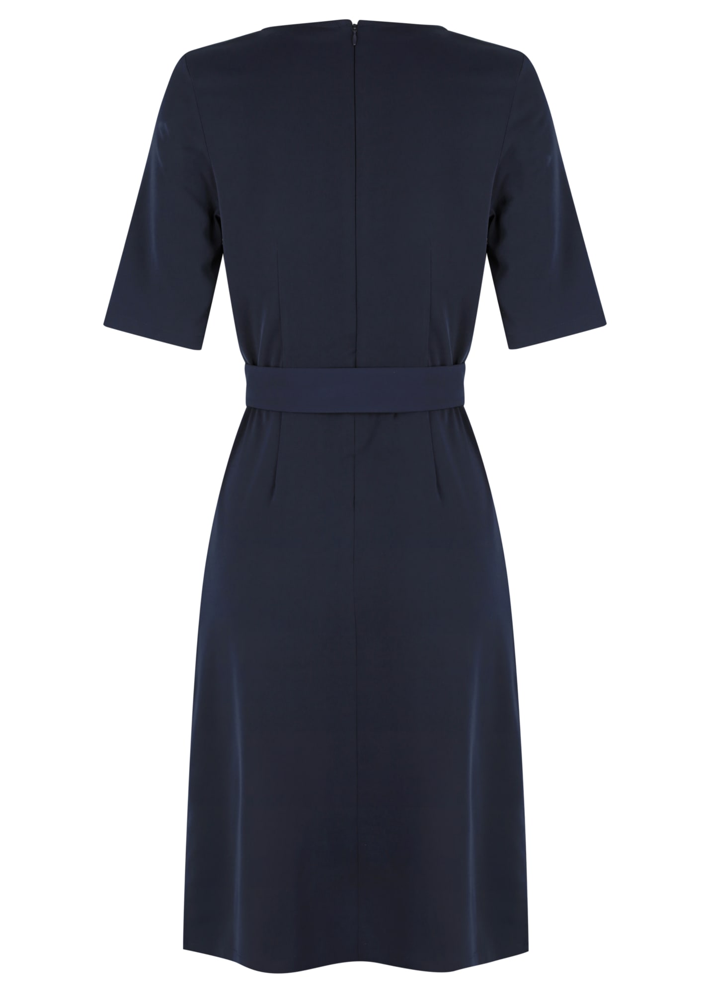 A navy blue dress with short sleeves, a belted waist, and a back zip closure, featuring a simple, elegant design.
