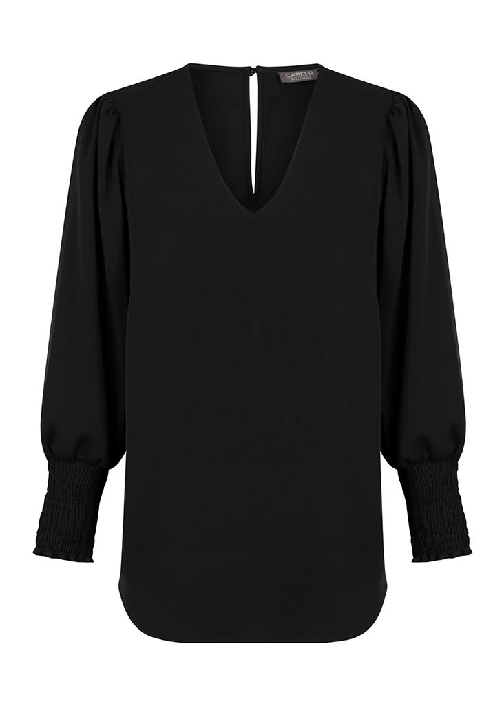 A black V-neck shirt with puffed sleeves and smocked cuffs, featuring a button closure at the back and a branded label.