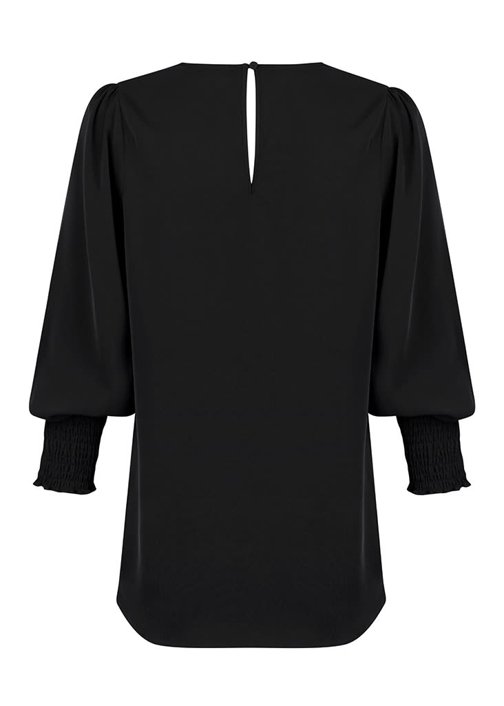 A black Cleo V Neck shirt with a keyhole back and puffed sleeves, featuring gathered detailing at the cuffs.