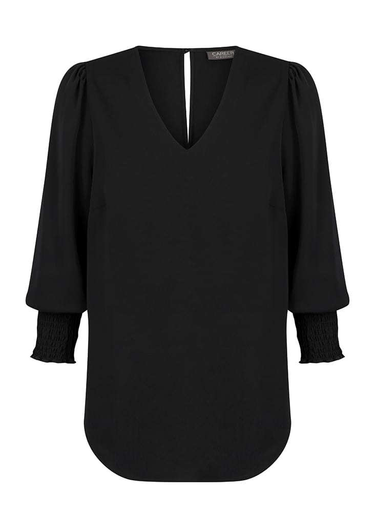 A black V-neck shirt with three-quarter puff sleeves and smocked cuffs, featuring a back keyhole opening.