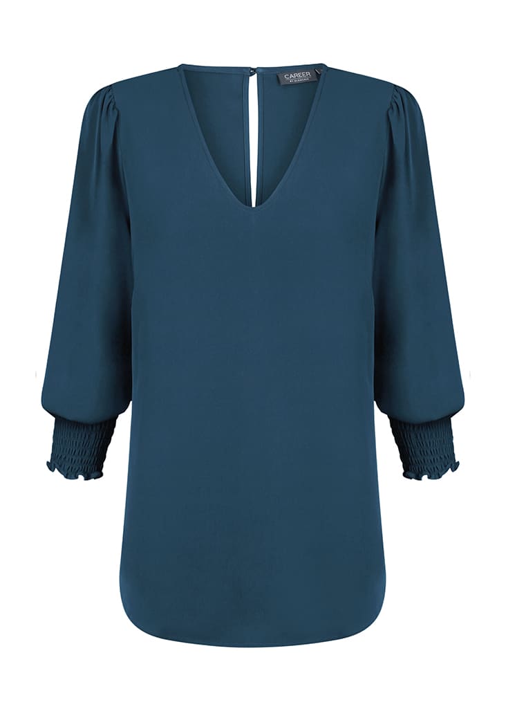A teal Cleo V Neck shirt with three-quarter sleeves and smocked cuffs, featuring a keyhole back detail.