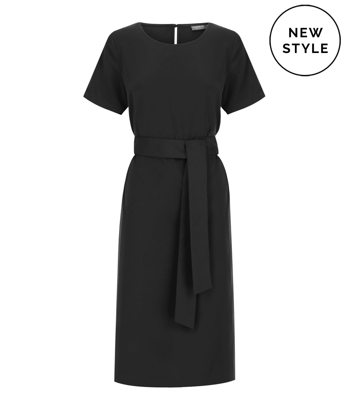 A black twill dress featuring short sleeves and a matching belt at the waist. It has a round neckline and a simple design.