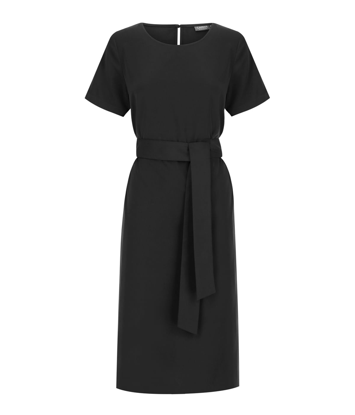 A black twill dress with short sleeves and a tied belt at the waist. It features a simple, elegant design.
