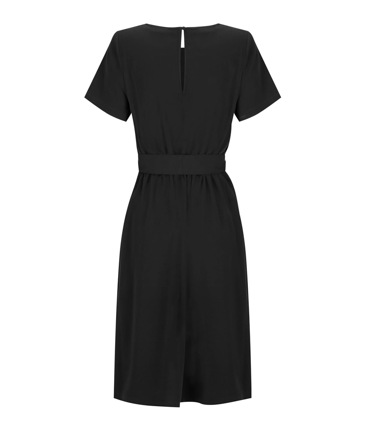 A black twill dress featuring short sleeves, a cinched waist, and a back slit. It has a logo on the tag.