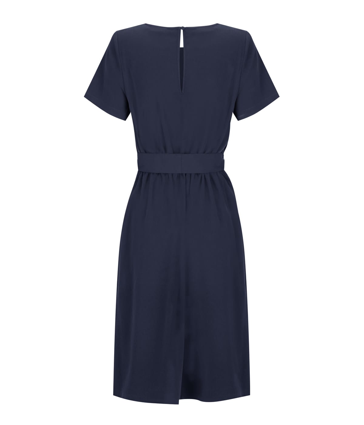 A navy blue twill dress featuring short sleeves, a fitted waist, and a keyhole back detail. Includes branding on the garment.