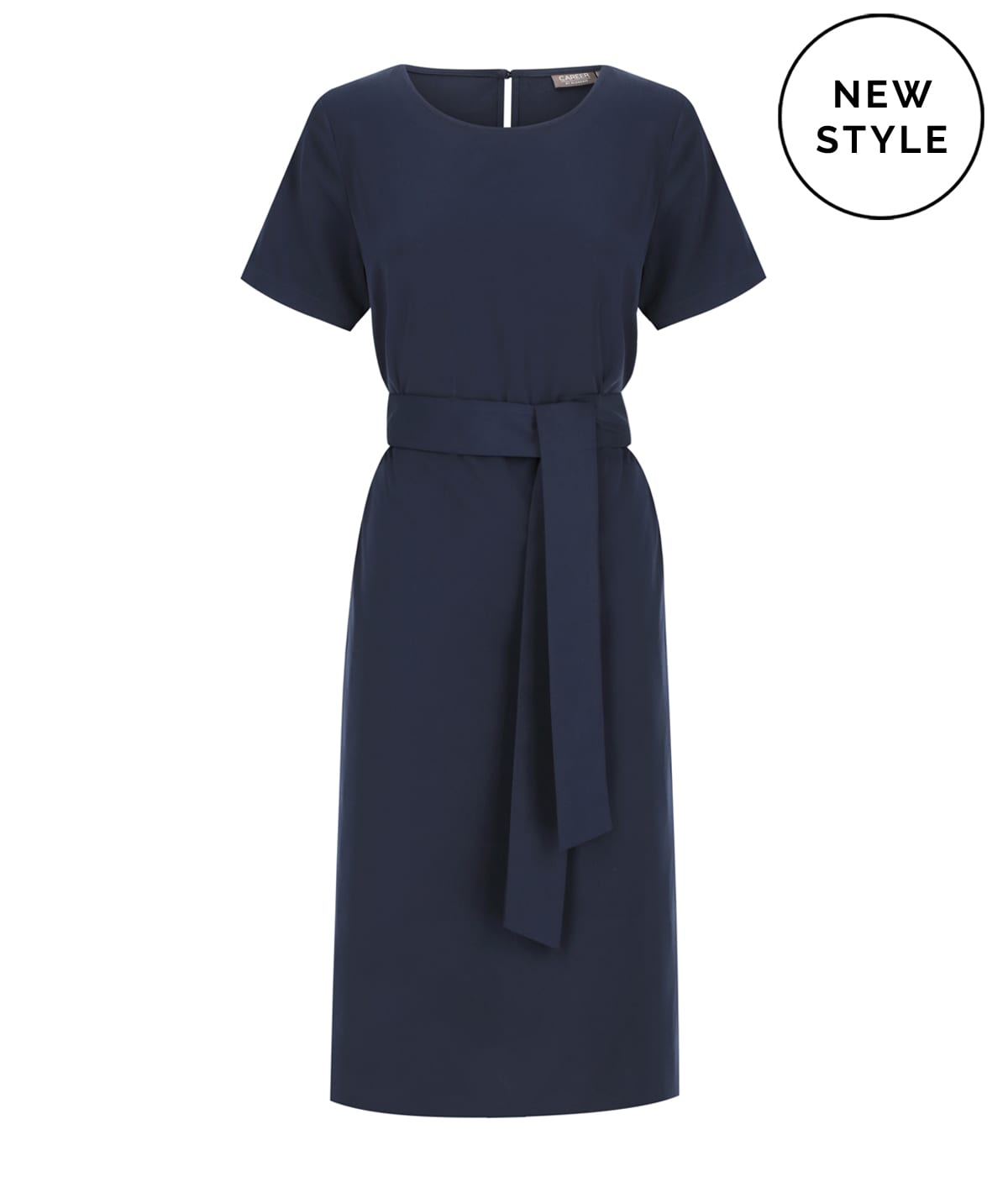 A navy blue dress with short sleeves, a round neckline, and a matching belt, featuring a logo.
