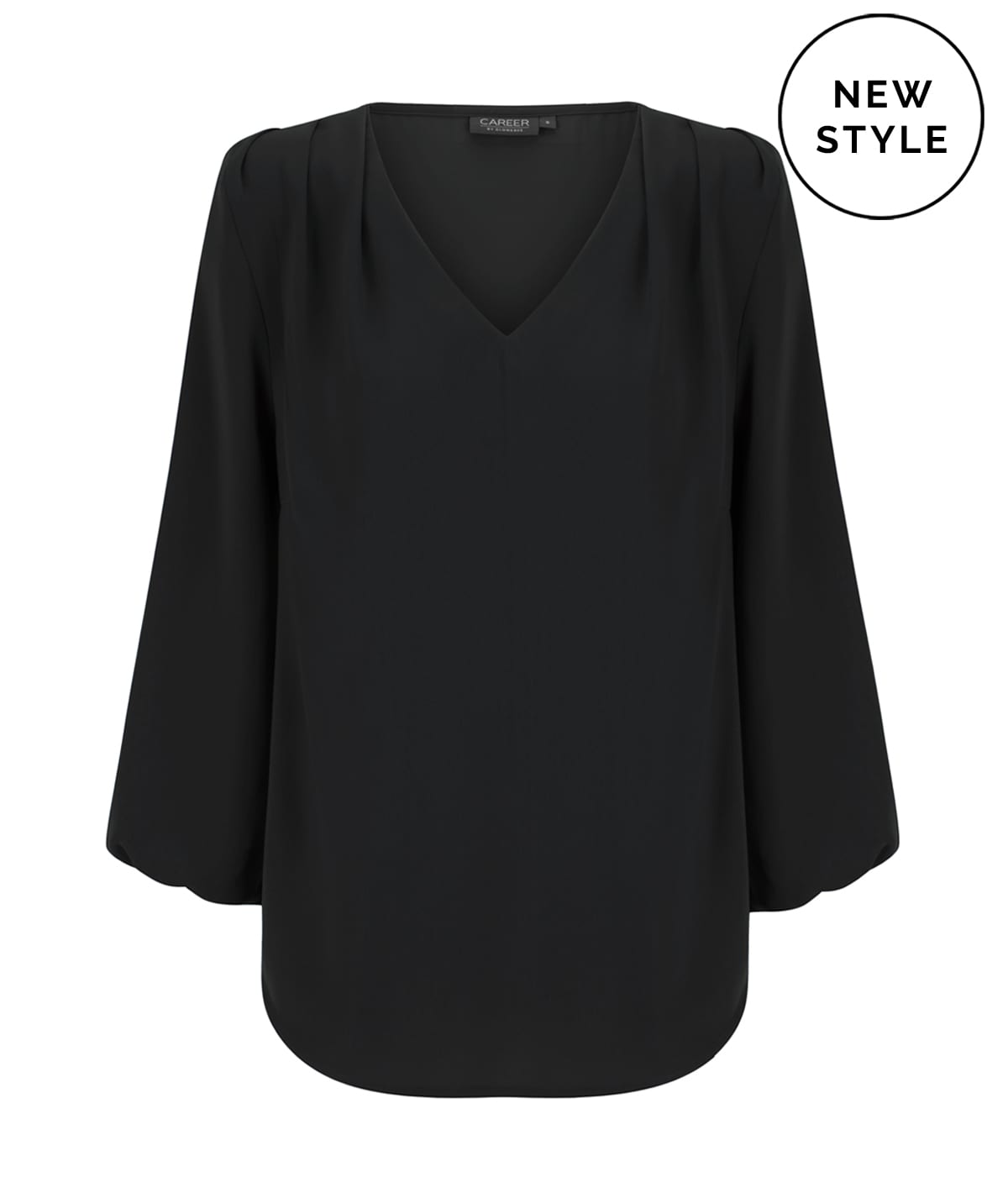A black v-neck popover shirt with three-quarter sleeves, featuring pleats and a logo.