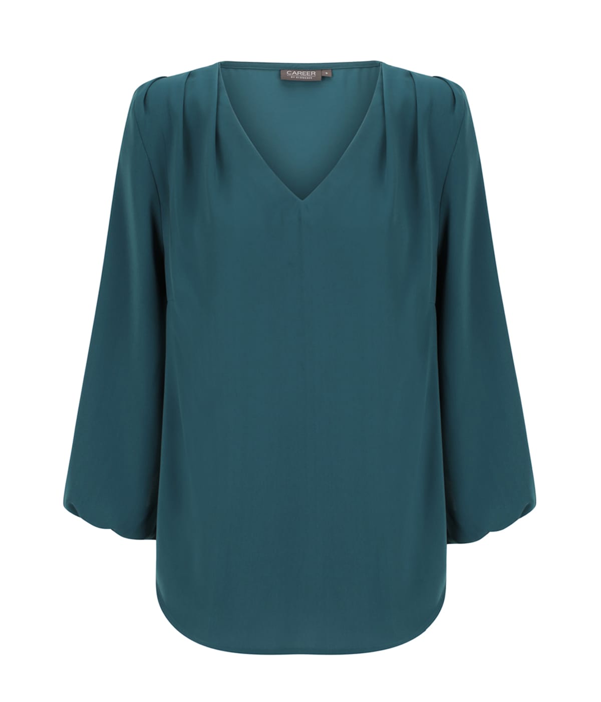 A teal V-neck popover shirt with three-quarter bell sleeves and a smooth fabric finish. Features a branding label.