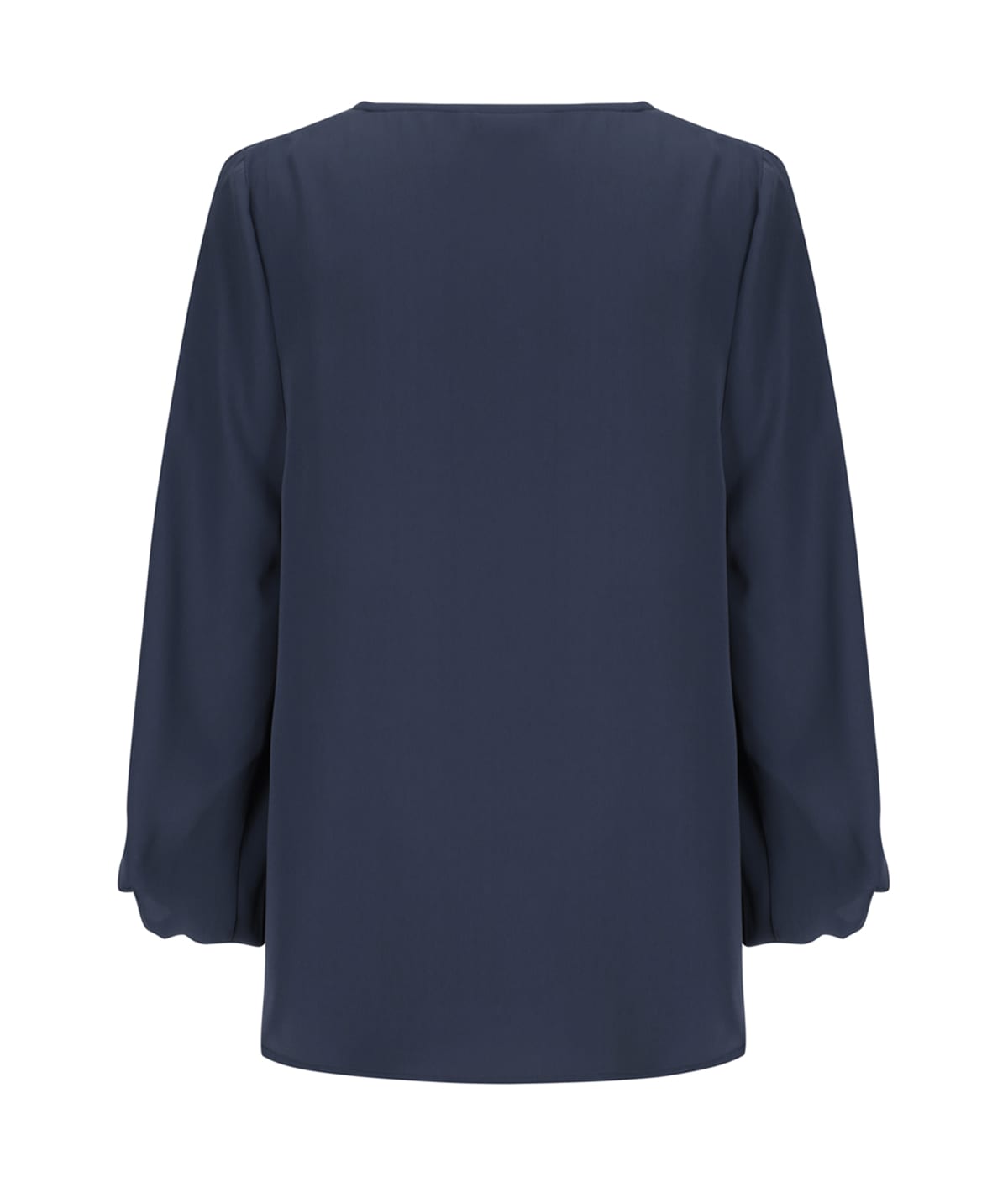 A navy blue Cali V Neck Popover shirt with long puffed sleeves and a loose fit. Features a logo.