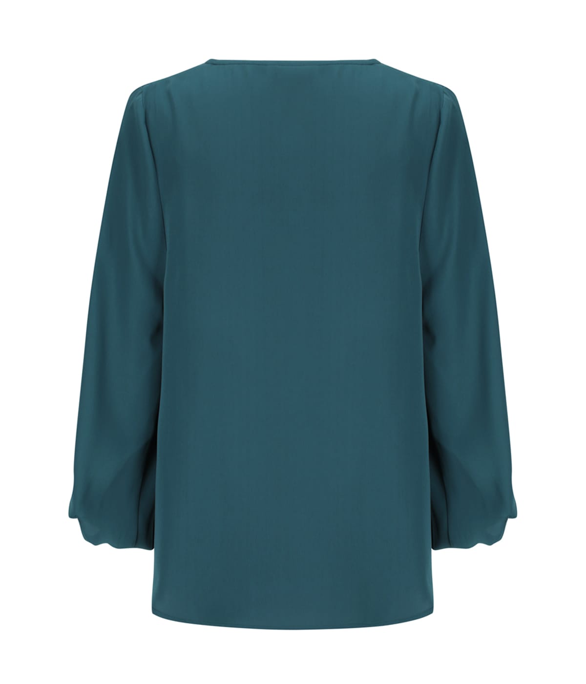 A teal V-neck popover shirt with long, balloon-style sleeves and a clean, simple back design.