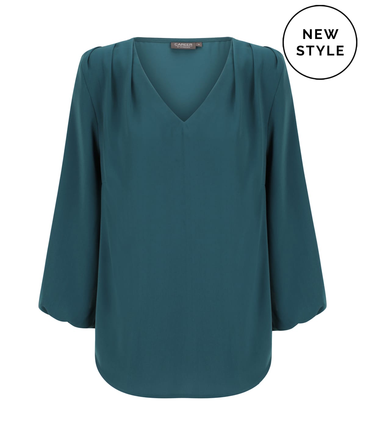 A teal V-neck popover shirt with long sleeves and pleated details. It features a branding logo.