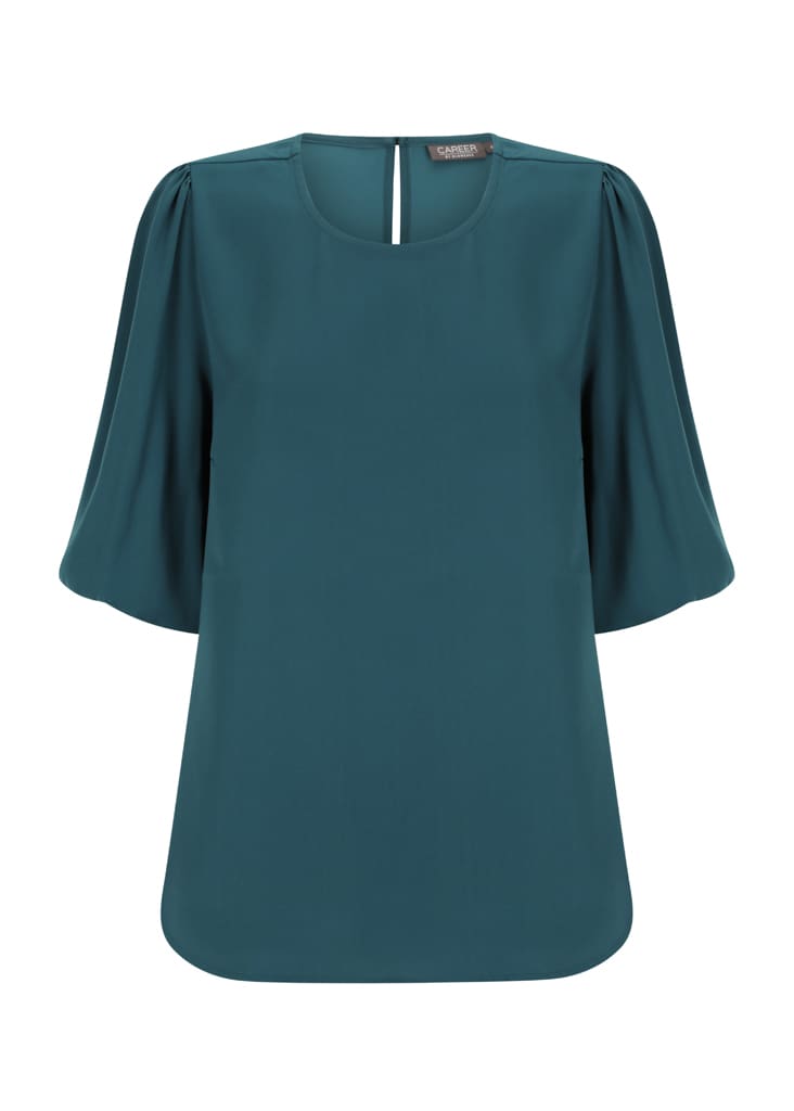 A teal puff sleeve top featuring a round neckline and a keyhole back, designed for casual wear. It has a subtle brand logo.