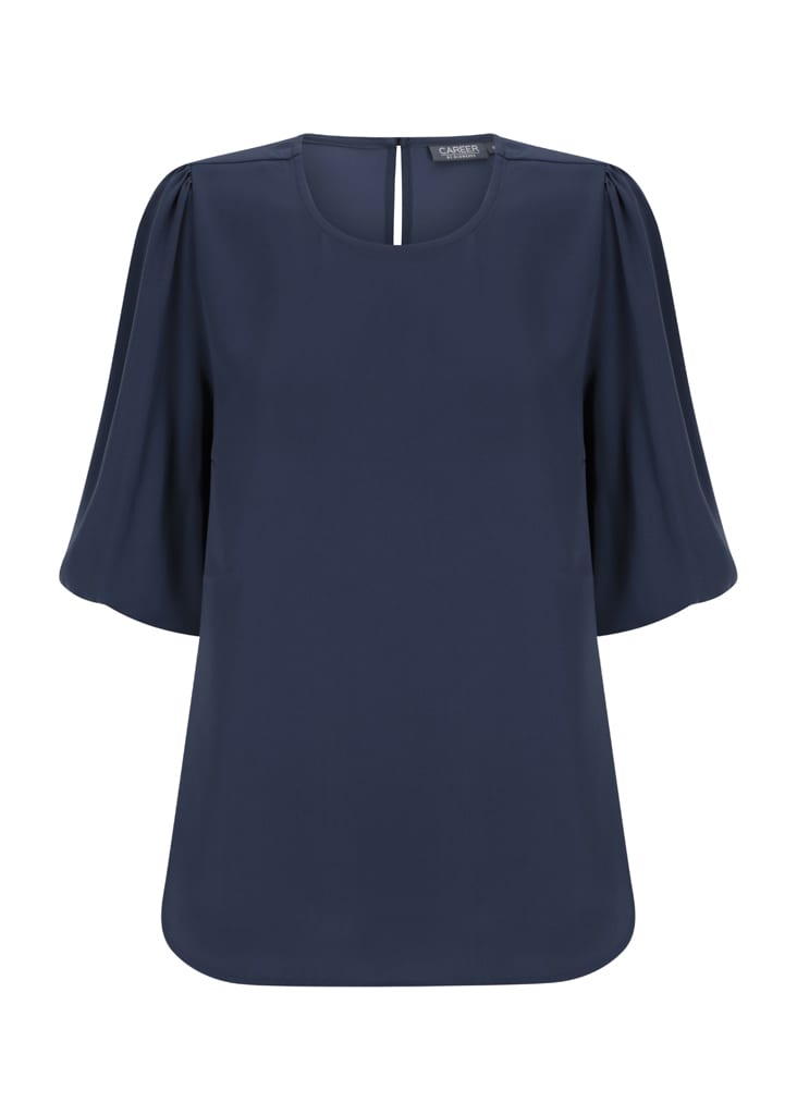 Navy blue Poppy Puff Sleeve Top with a relaxed fit and short puff sleeves. It features a subtle back opening and includes a logo.