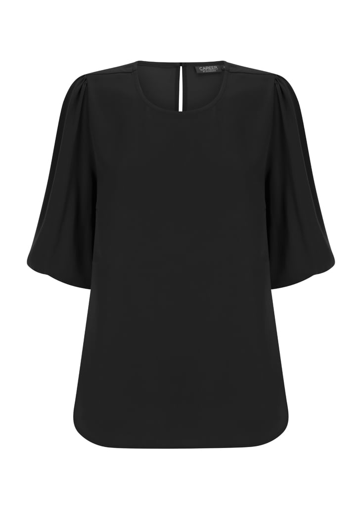 A black puff sleeve top with a loose fit and keyhole back detail. It features a round neckline and gathered sleeves.