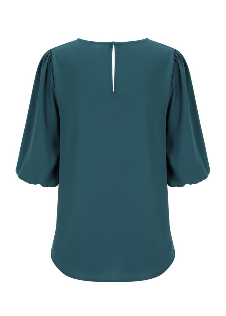 A teal Poppy Puff Sleeve Top featuring a gathered sleeve design and a back keyhole detail. It has a smooth, flowing fabric.