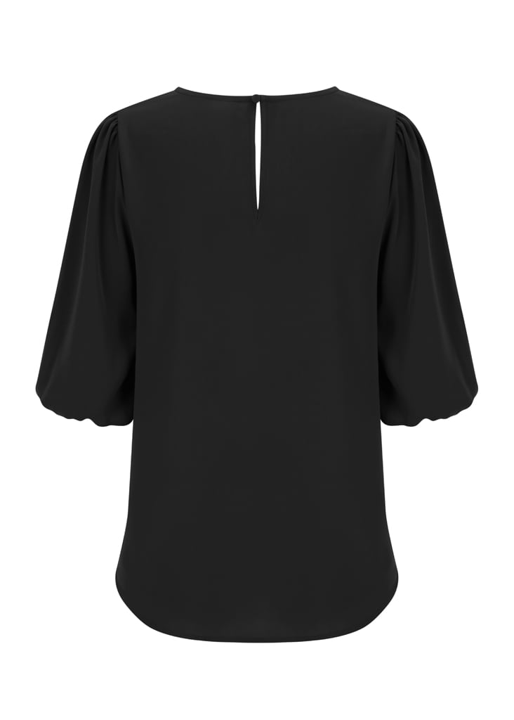A black puff sleeve top featuring a back keyhole detail and soft fabric, categorized under T-shirts.