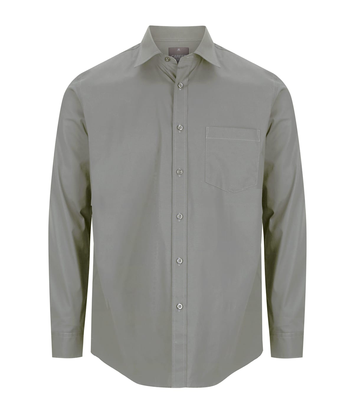 A button-up shirt in a muted green colour, featuring long sleeves and a single chest pocket. It has a logo on the label.
