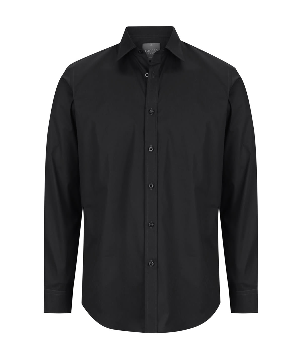 A black Olsen Slim Cotton Stretch Shirt featuring a button-up front and long sleeves. Includes a logo on the label.