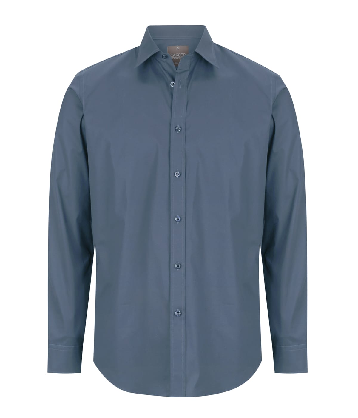 A slim-fit cotton stretch button-up shirt in a slate blue colour, featuring a collar and long sleeves.
