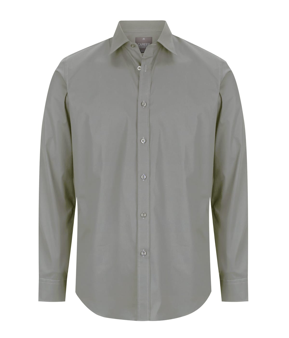 A slim-fit button-up shirt in a muted grey colour, featuring a classic collar and long sleeves.