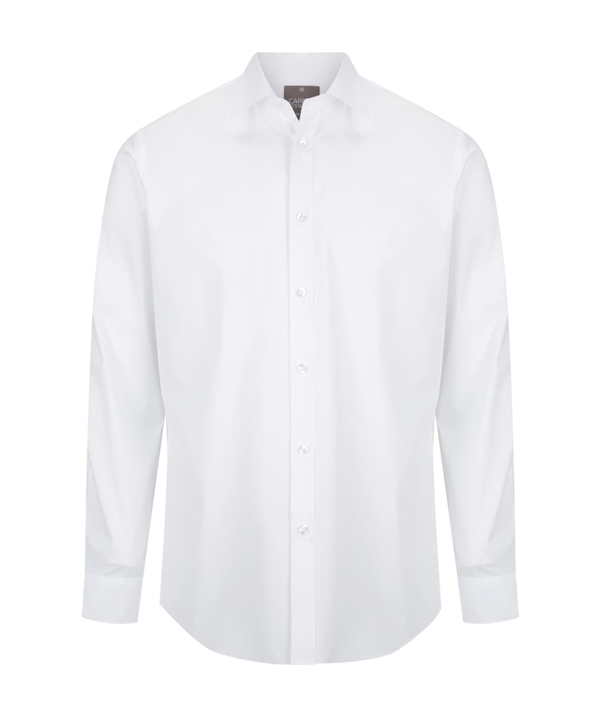 A white button-up shirt with a slim fit and long sleeves, featuring a collar and a logo.