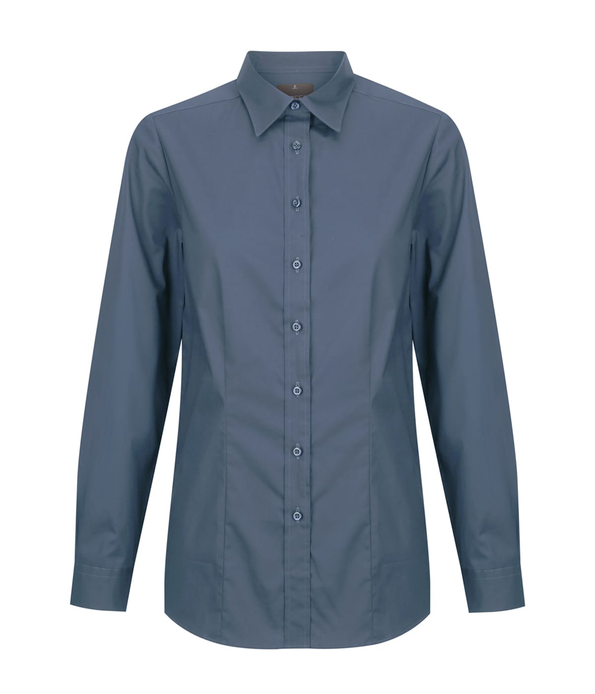 A button-up shirt in a deep blue colour, featuring a pointed collar and long sleeves. It has a logo on the chest area.