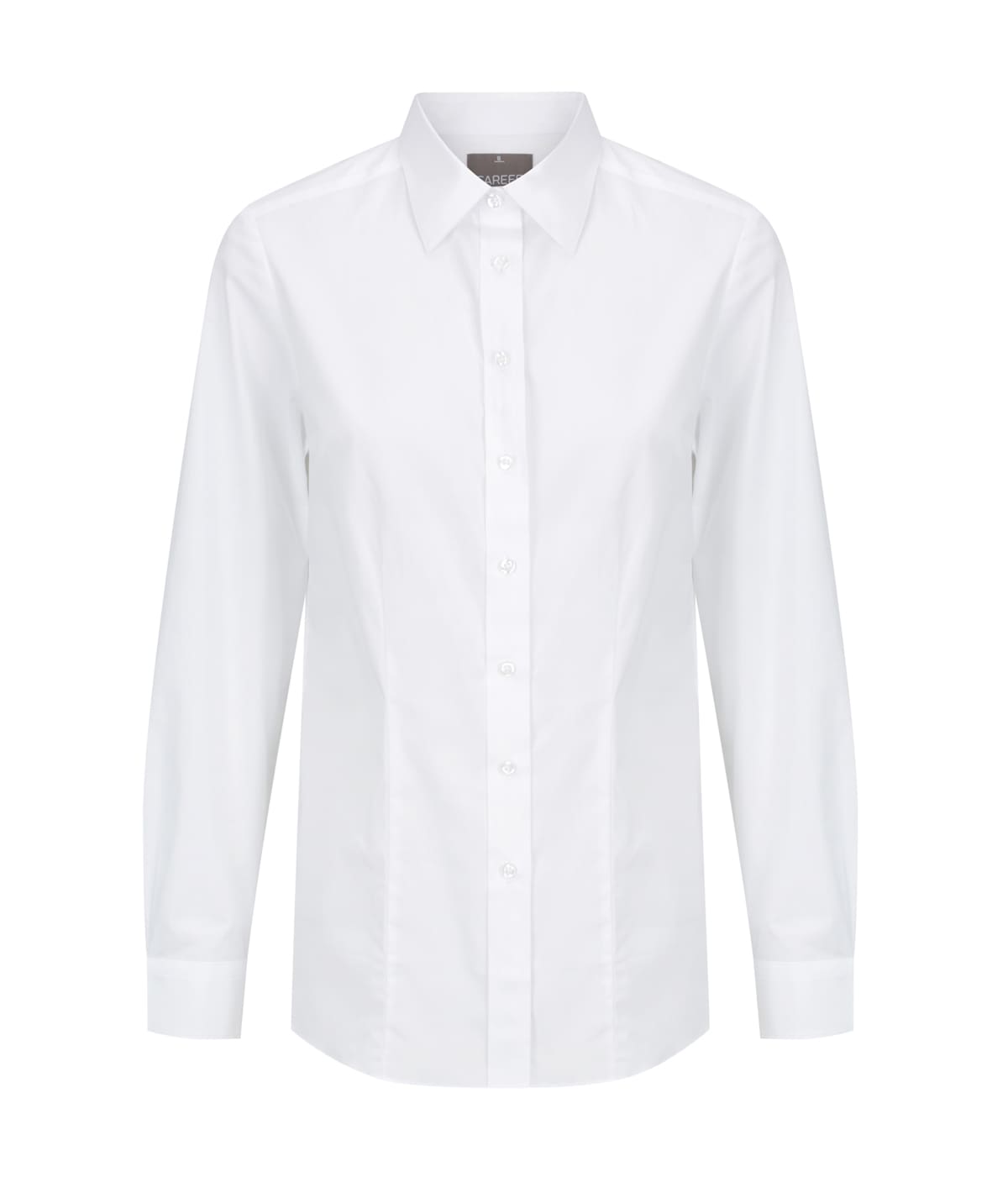 A white button-up shirt with long sleeves and a collar, featuring a front button placket and a logo.