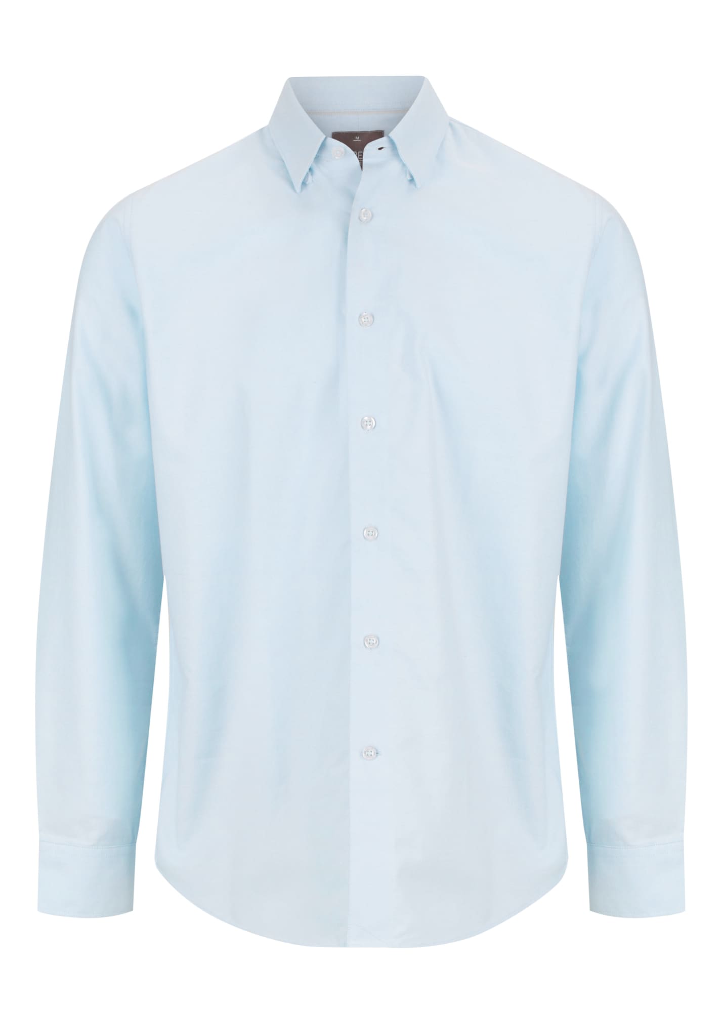 A light blue button-up shirt with a collar and long sleeves, featuring a logo.