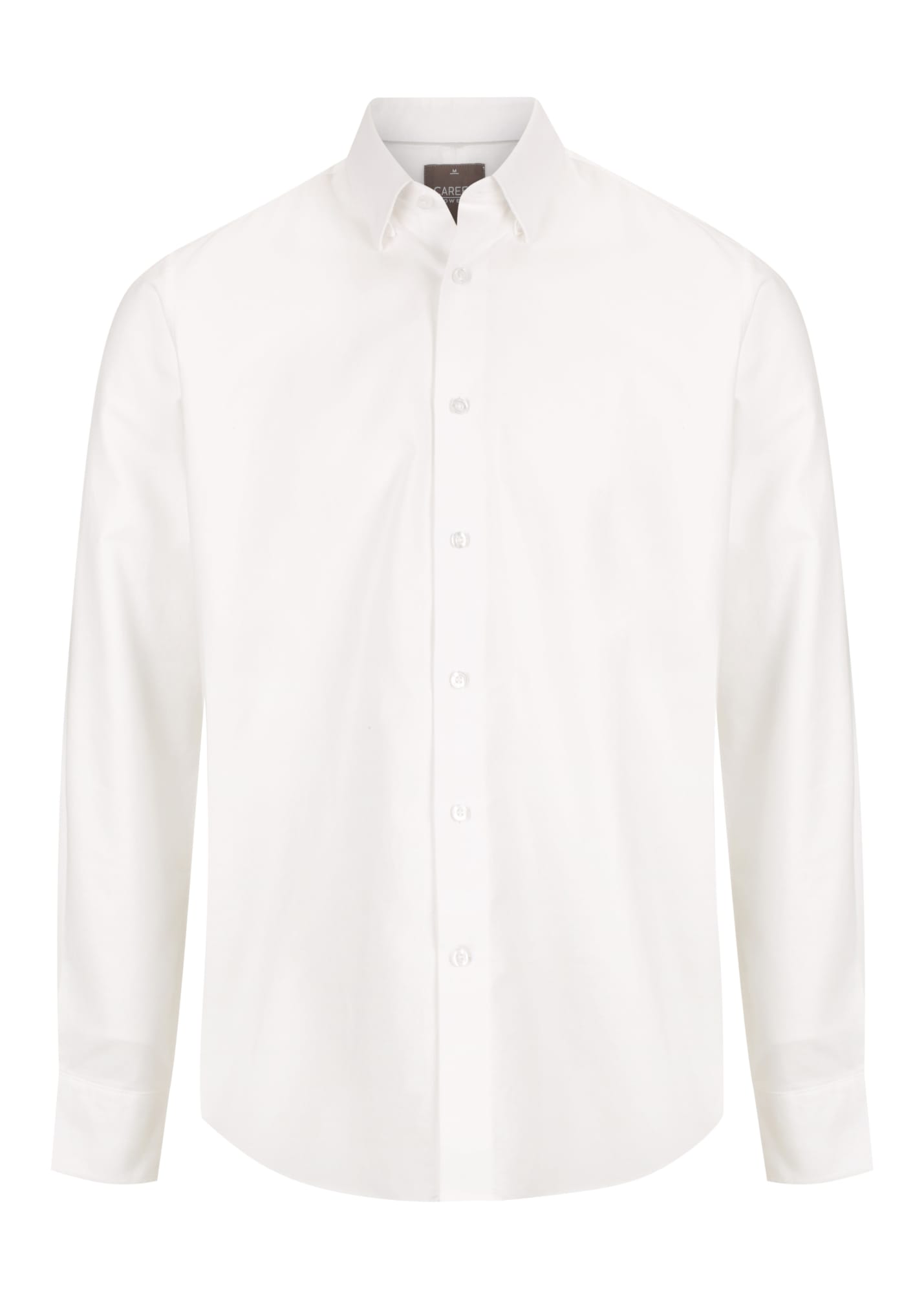 A white button-up shirt with long sleeves and a collar, featuring a branded logo.