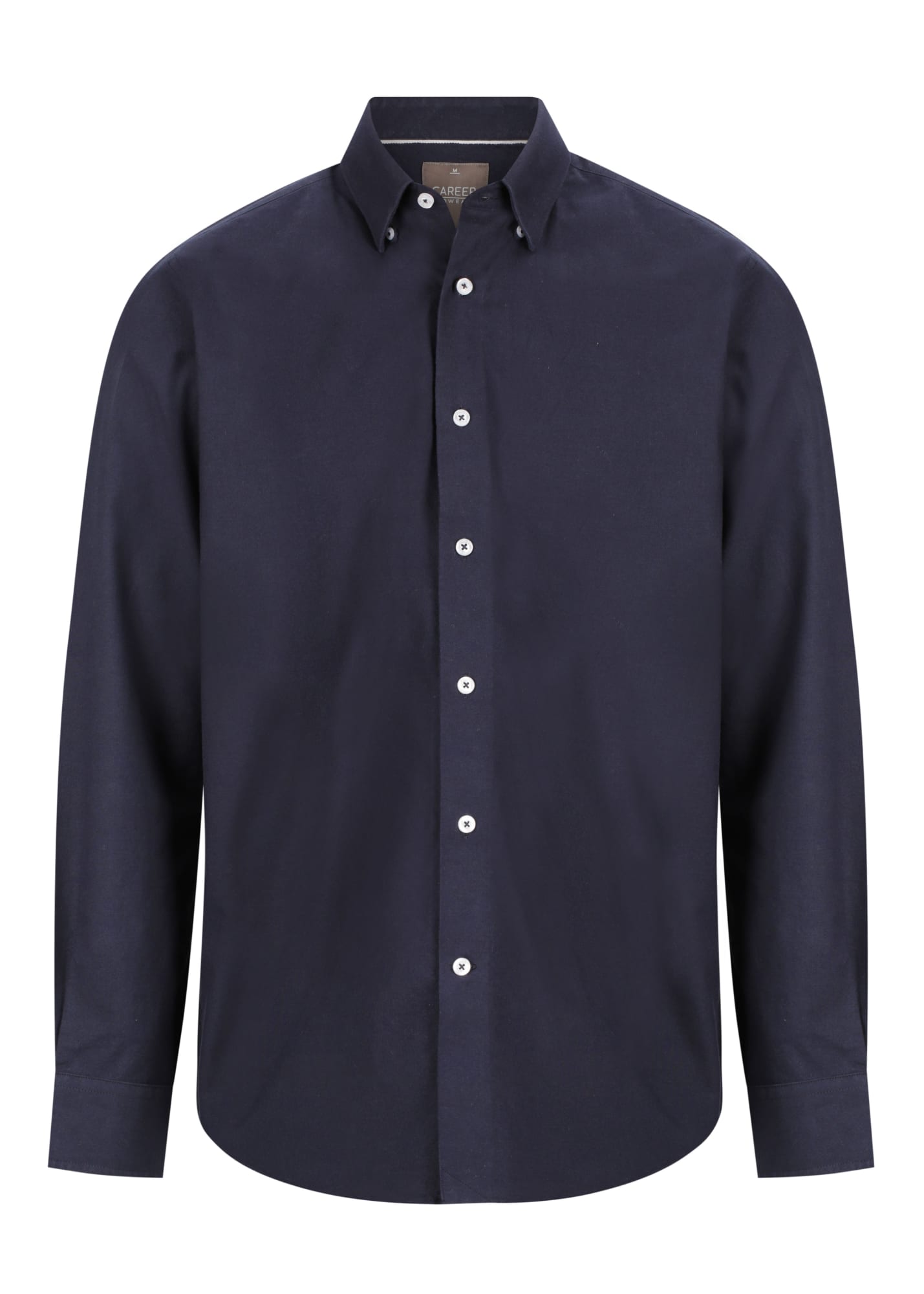 A navy blue button-up shirt with a collar and long sleeves, featuring a logo.