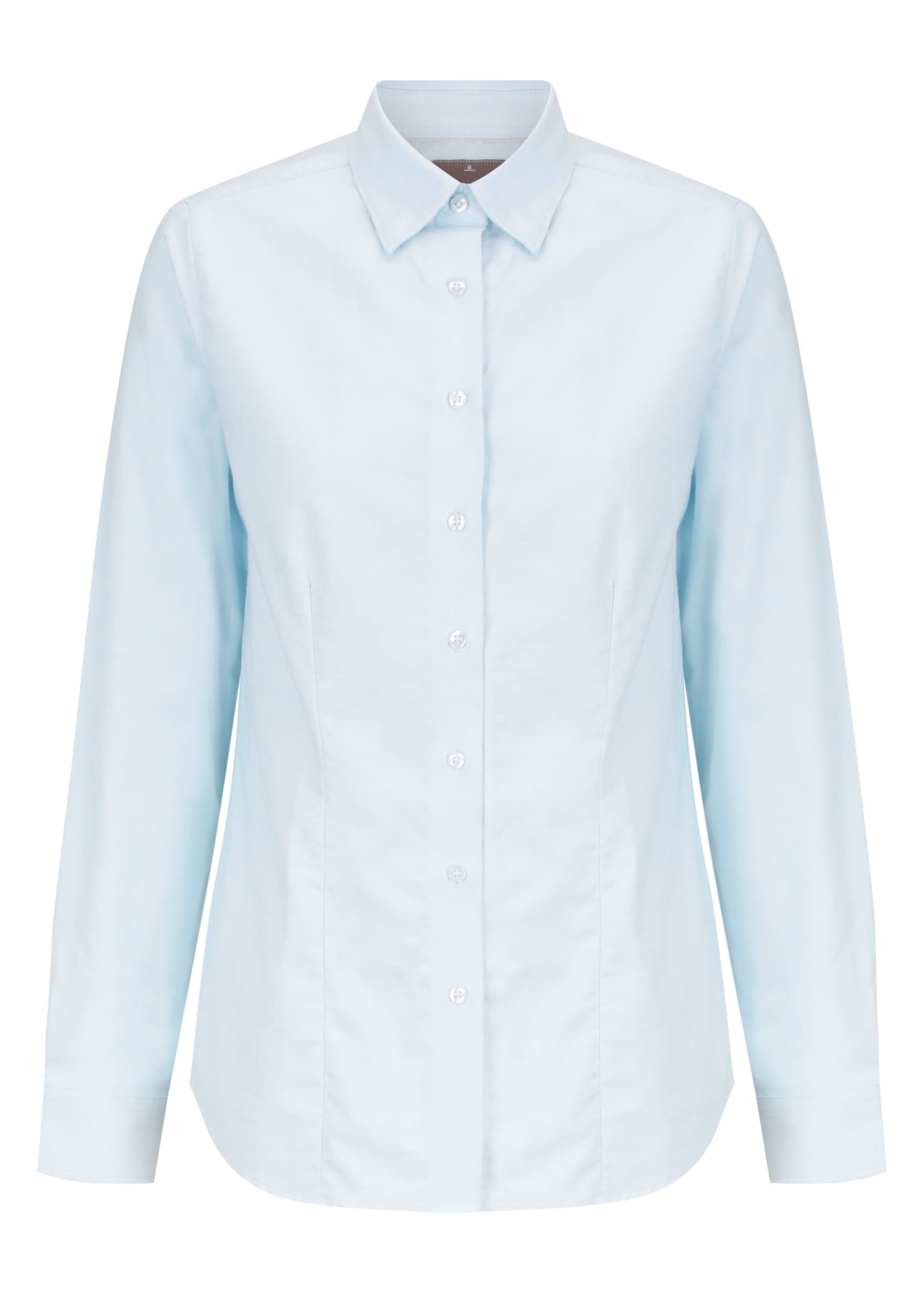 A light blue cotton button-up shirt with long sleeves and a classic collar design, featuring a logo.