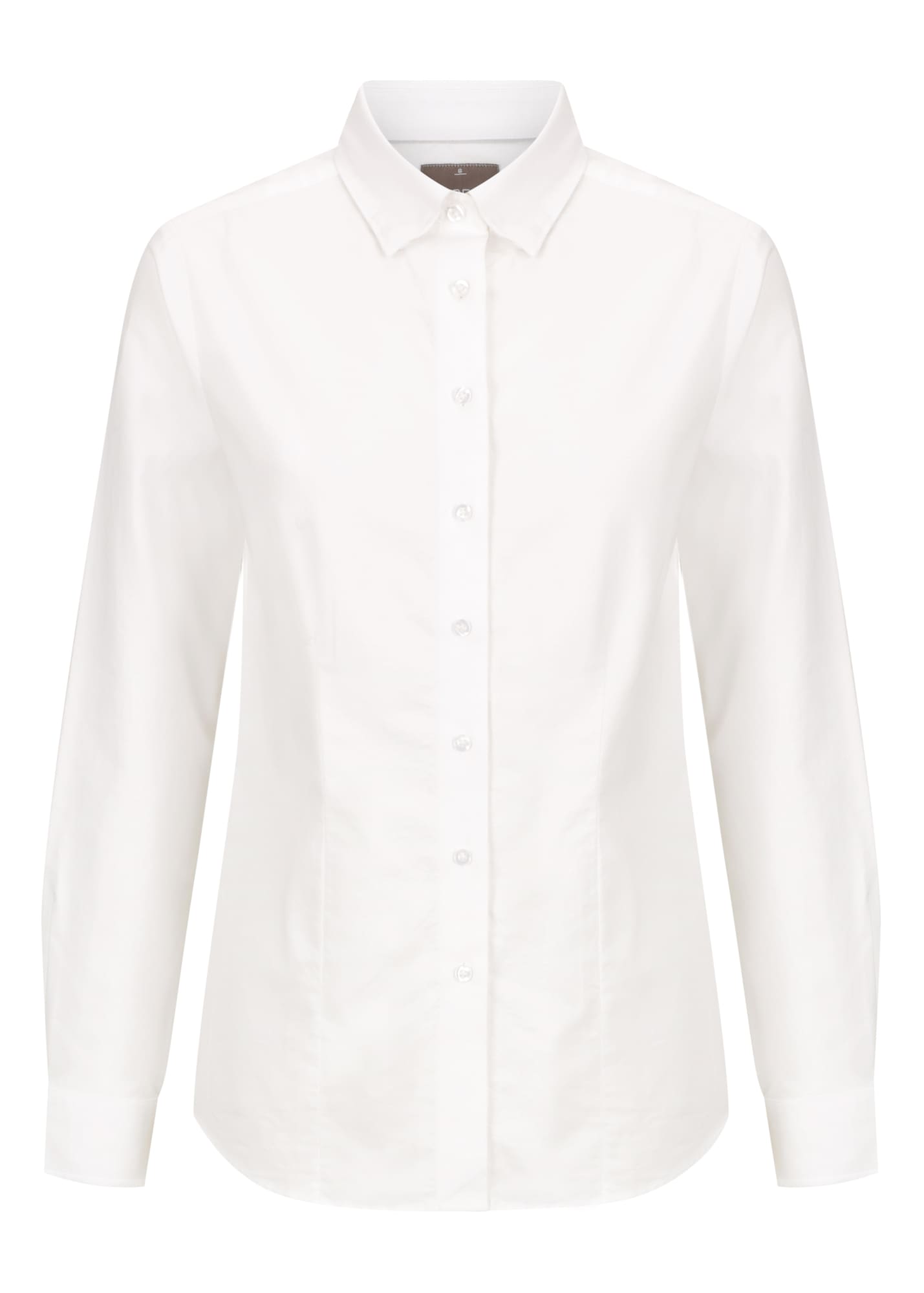 A white button-up shirt with a collar and long sleeves, featuring a logo on the chest.