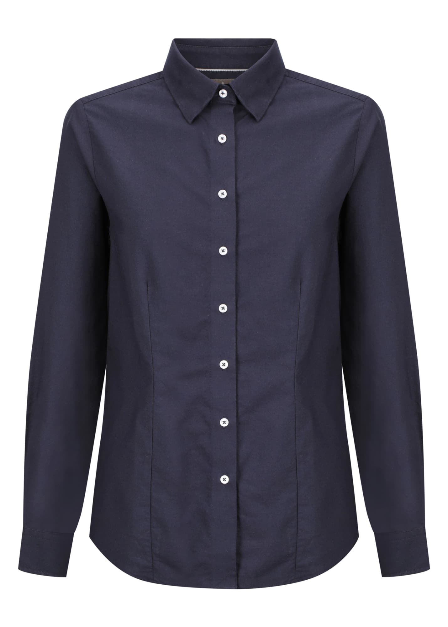 A navy blue button-up shirt with a classic collar and long sleeves, featuring a placket of white buttons.