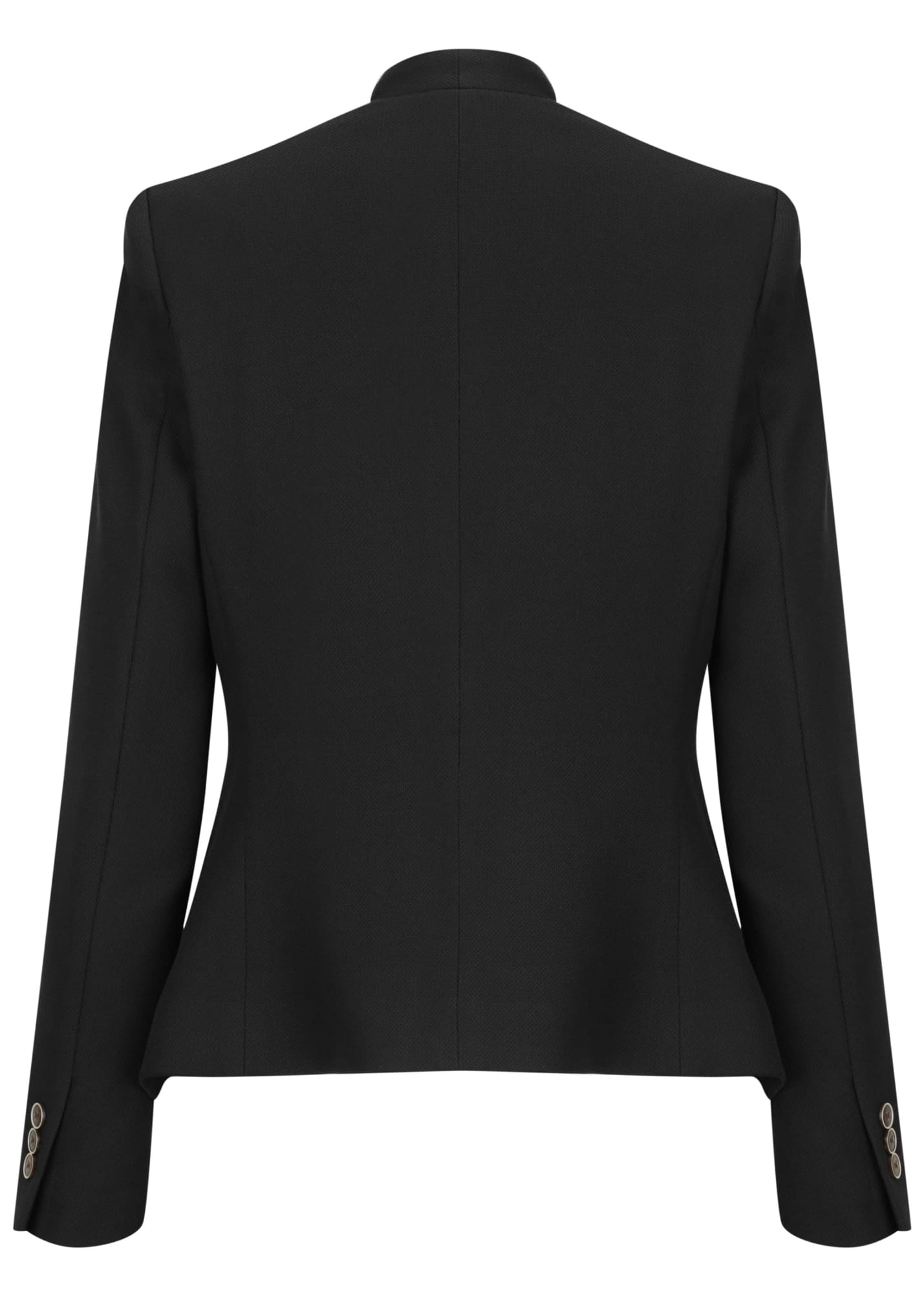A black women's crop jacket featuring a tailored back design and buttoned sleeves, with a logo.