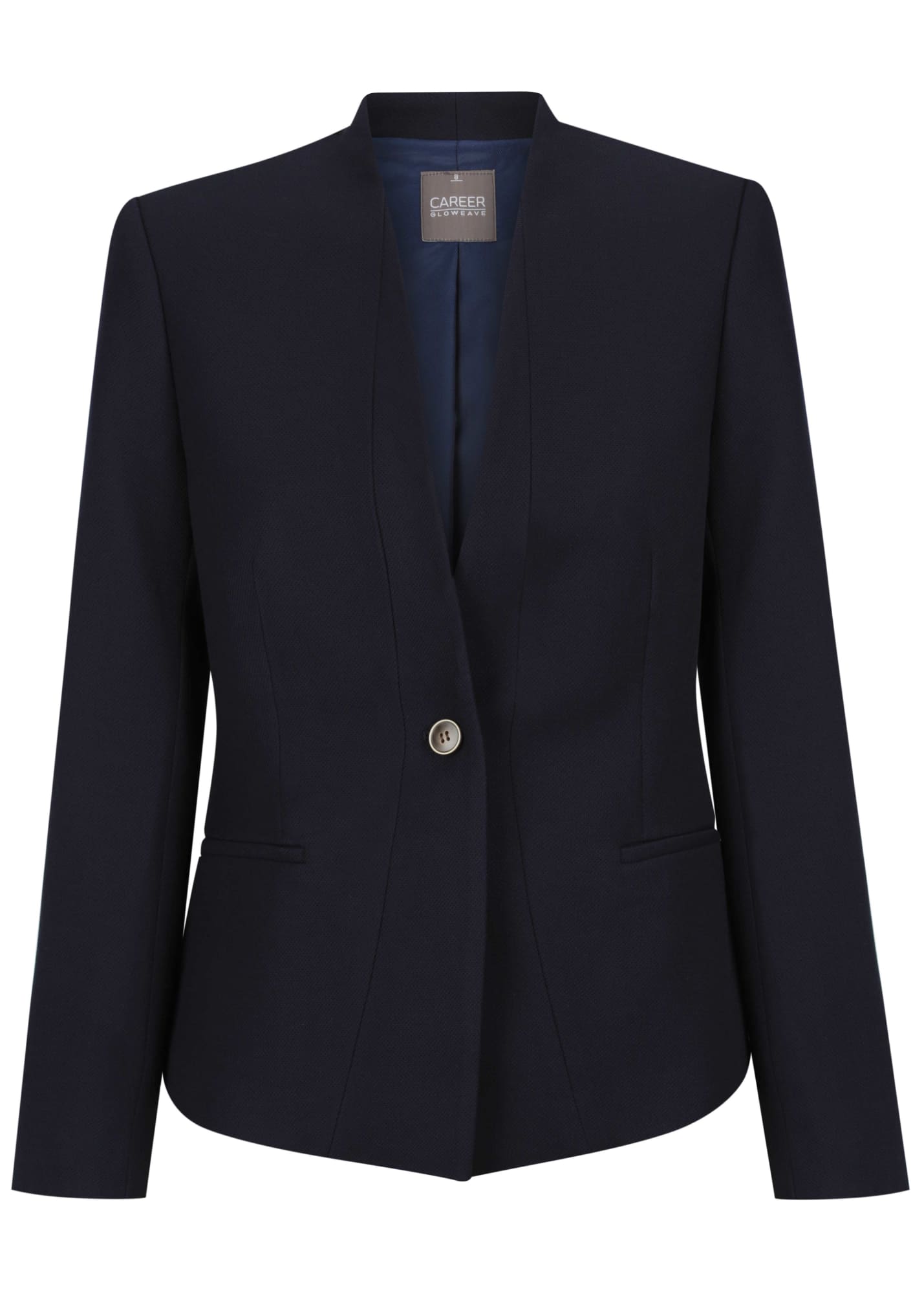 A navy blue women's crop jacket with a single button closure and structured silhouette. Features a logo on the inside.
