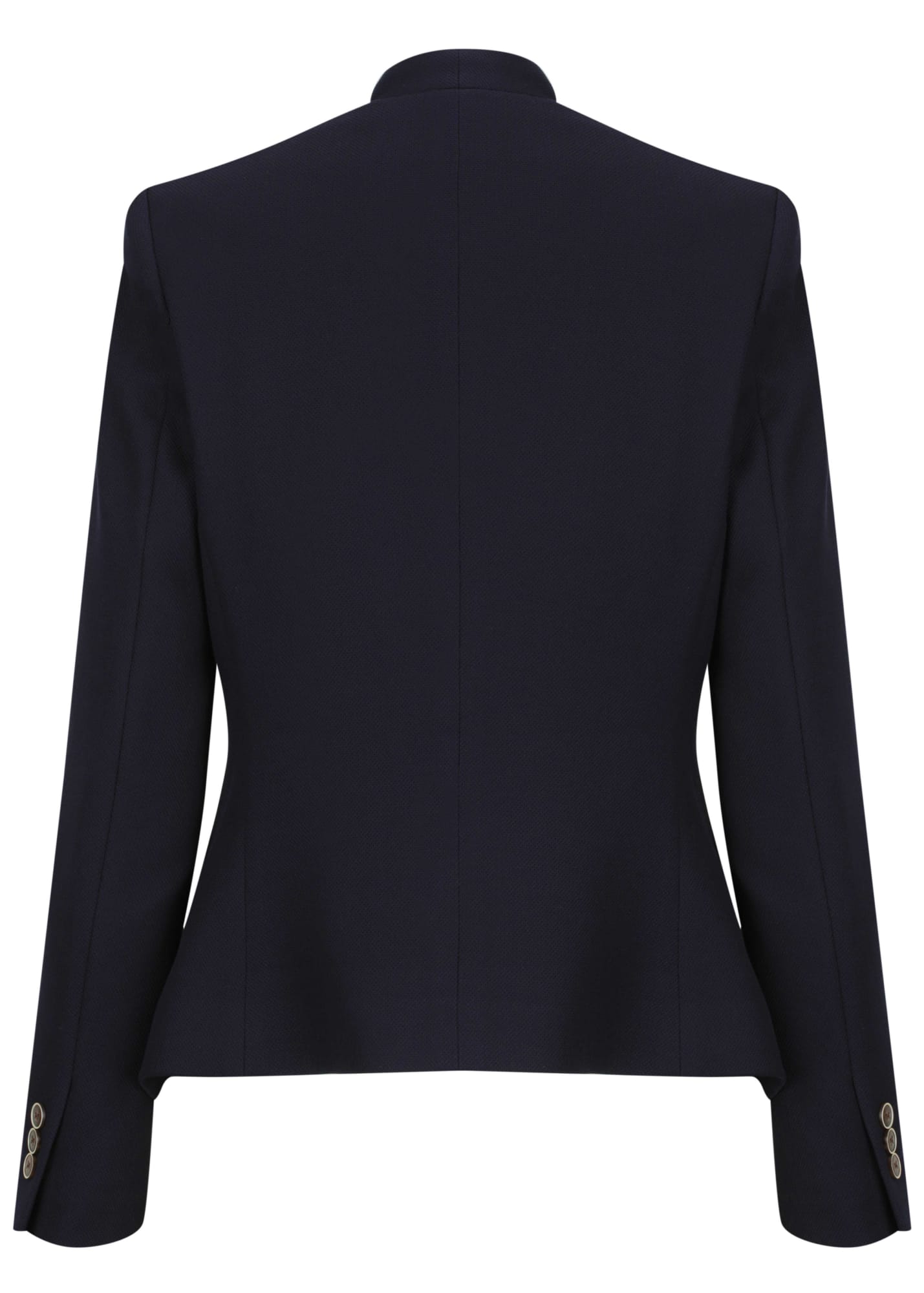 A navy Bronte women's crop jacket with a structured design and button detailing on the sleeves.