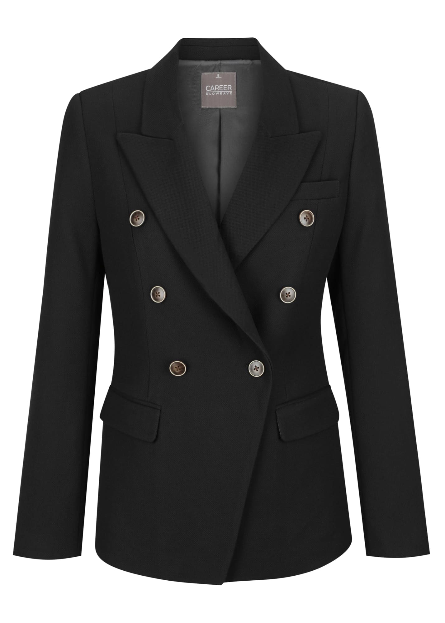 A double-breasted women's blazer in black with gold buttons and front pockets. The blazer features a tailored fit and lapel collar.