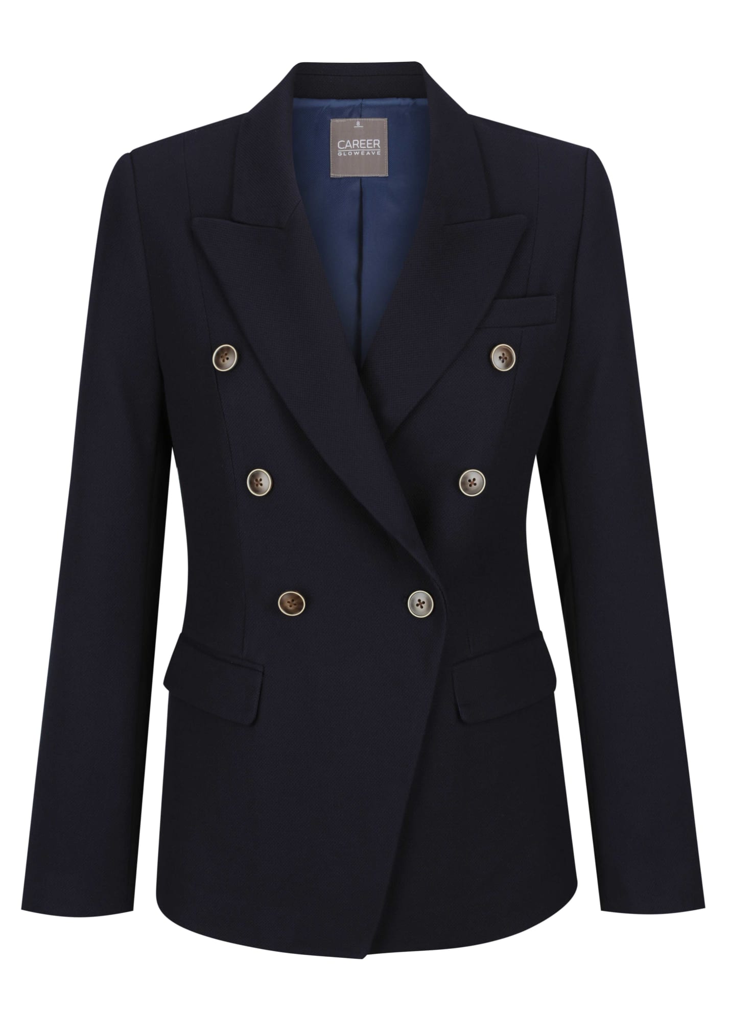 A navy women's blazer featuring double-breasted design and gold buttons, with a structured fit and notched lapels.
